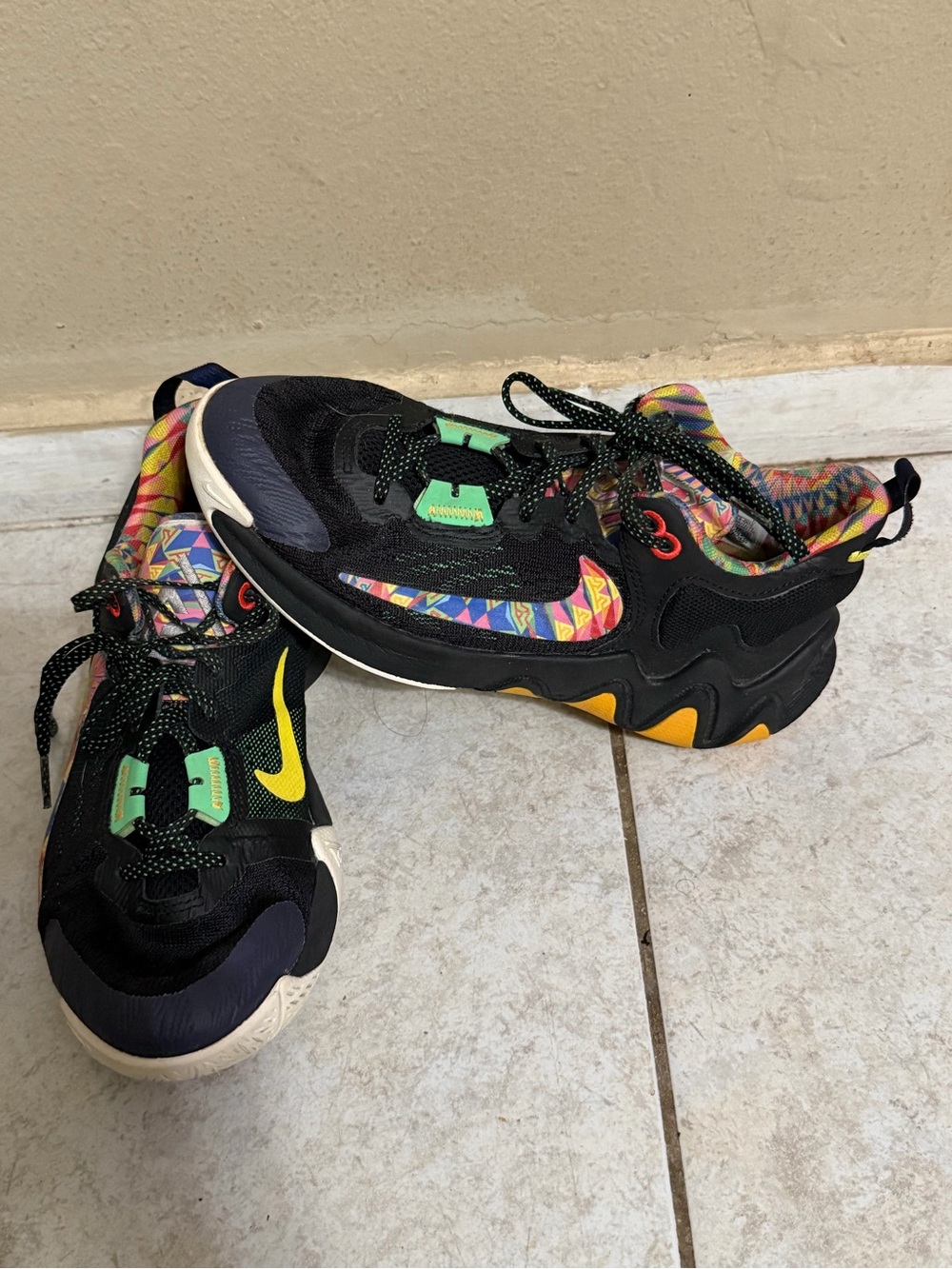 Kids Black Multicolor Athletic Sneakers with Yellow Accents